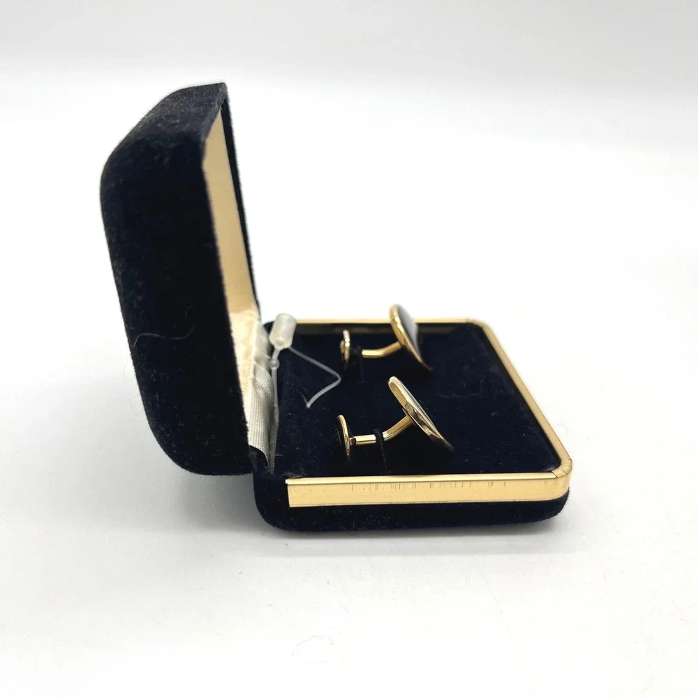 Adolfo Mens Gold Tone Black Round Cufflinks Vintage Formal Jewelry Boxed